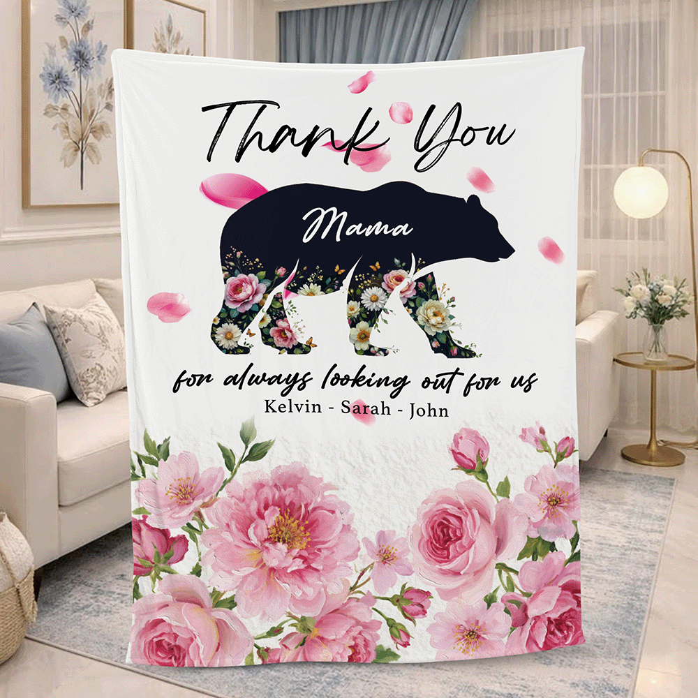 Personalized Mama Bear Sherpa Blanket – Floral Fleece Throw Gift for Mom with Custom Name