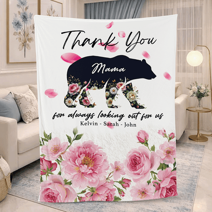 Personalized Mama Bear Sherpa Blanket – Floral Fleece Throw Gift for Mom with Custom Name