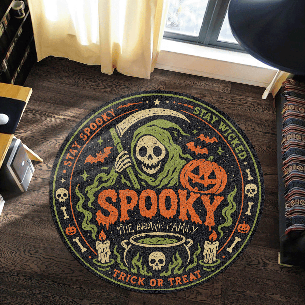 Personalized Halloween Grim Reaper Spooky Cauldron Round Rug Custom Family Name Home Decor Floor Mat