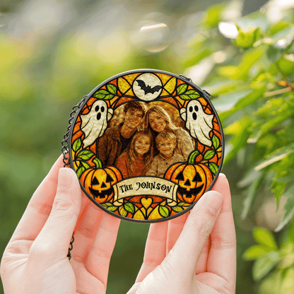 Personalized Halloween Family Custom Photo Ghost Pumpkin Stained Glass Suncatcher Window Hanging Custom Name Home Wall Decor