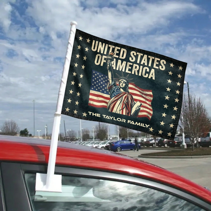 Personalized Statue of Liberty Patriotic Car Flag – Custom Family Name USA Flag