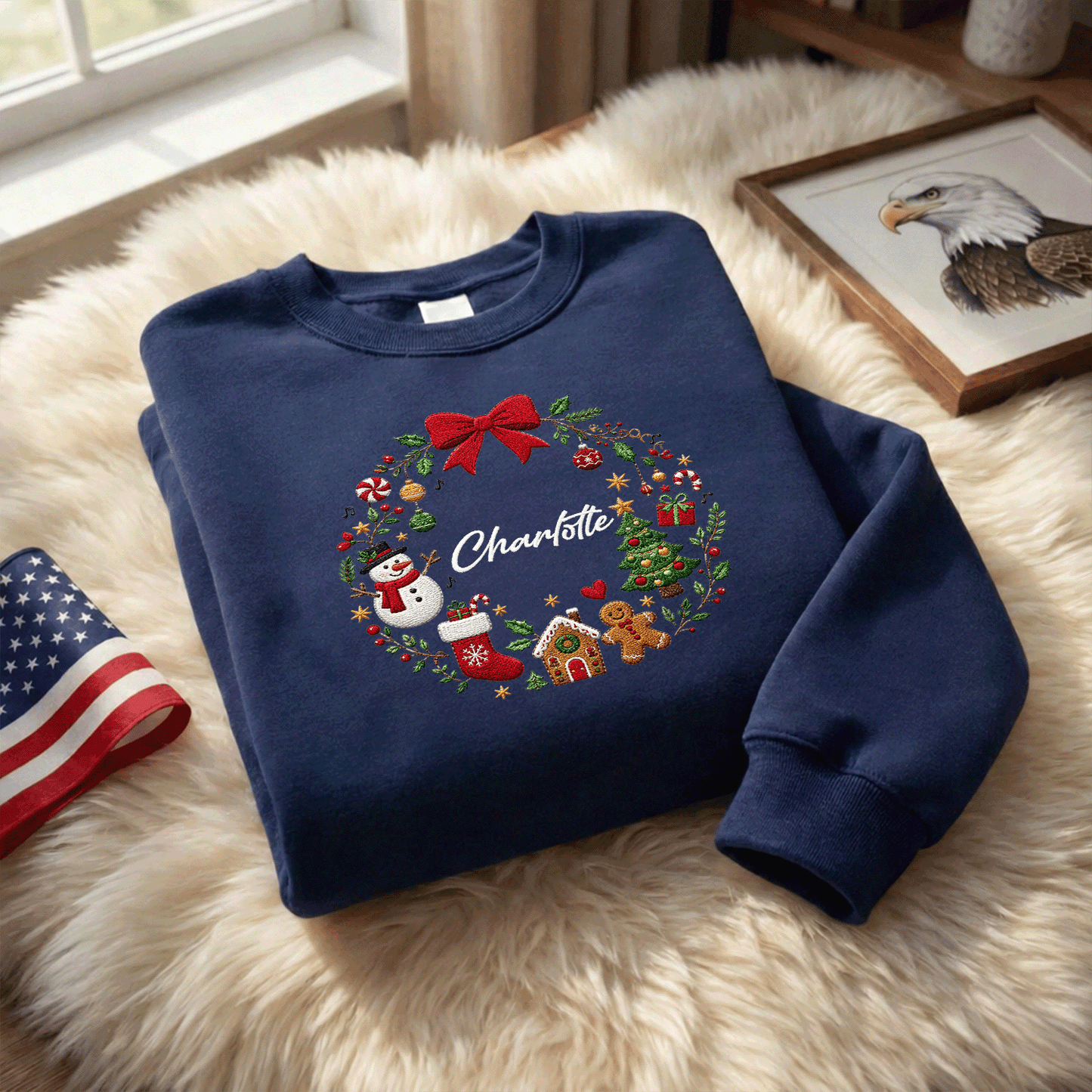 Personalized Embroidered Christmas Wreath Sweatshirt with Custom Name