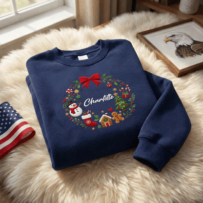 Personalized Embroidered Christmas Wreath Sweatshirt with Custom Name