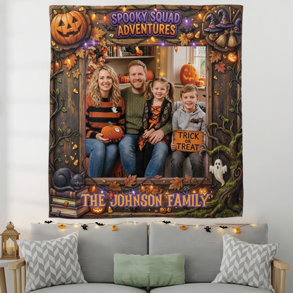 Personalized Halloween Spooky Squad Adventures Photo Tapestry, Custom Family Photo Name Wall Hanging Decor, Spooky Pumpkin Witch Party Backdrop