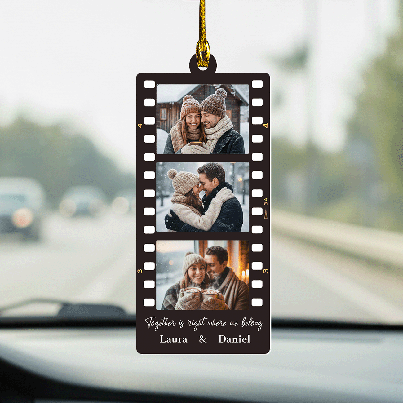 Our Story in Every Mile – Sentimental Car Gift for Couples – Personalized Film Scroll Shape Car Ornament