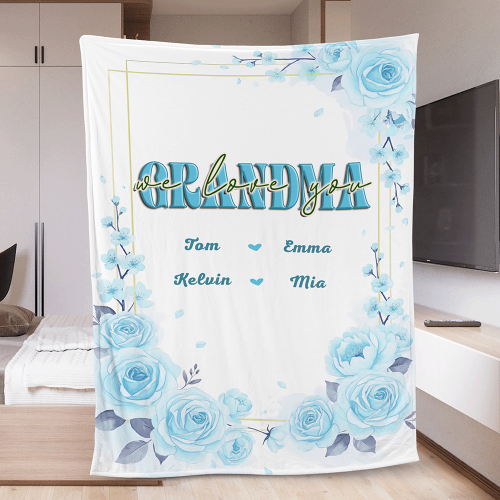 “Grandma, We Love You” – Heartfelt Mother’s Day Gift from Grandkids – Personalized Floral Heart Blanket