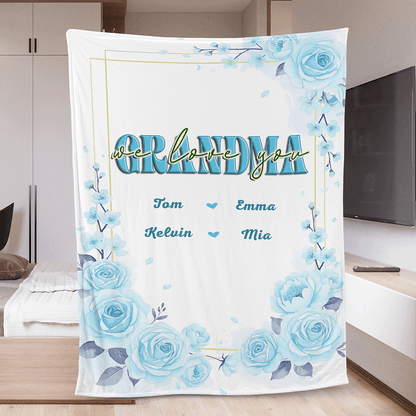 “Grandma, We Love You” – Heartfelt Mother’s Day Gift from Grandkids – Personalized Floral Heart Blanket