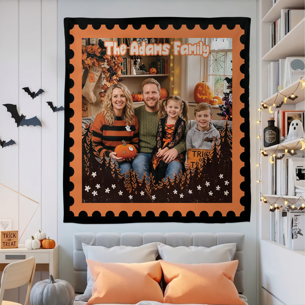 Personalized Halloween Postage Stamp Forest Photo Tapestry, Custom Family Photo Name Wall Hanging Decor, Spooky Pine Trees Party Backdrop