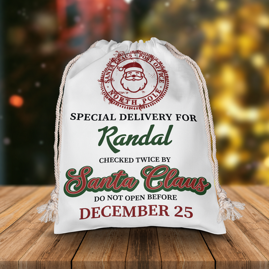 Personalized Special Delivery Checked Twice by Santa Claus Christmas Sack with Custom Name
