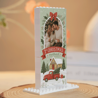 Personalized Photo Christmas Building Block in Sage Green, Custom Couple First Christmas Married Photo Wreath & Red Truck Brick Puzzle Keepsake Decor, Holiday Gift for Newlyweds