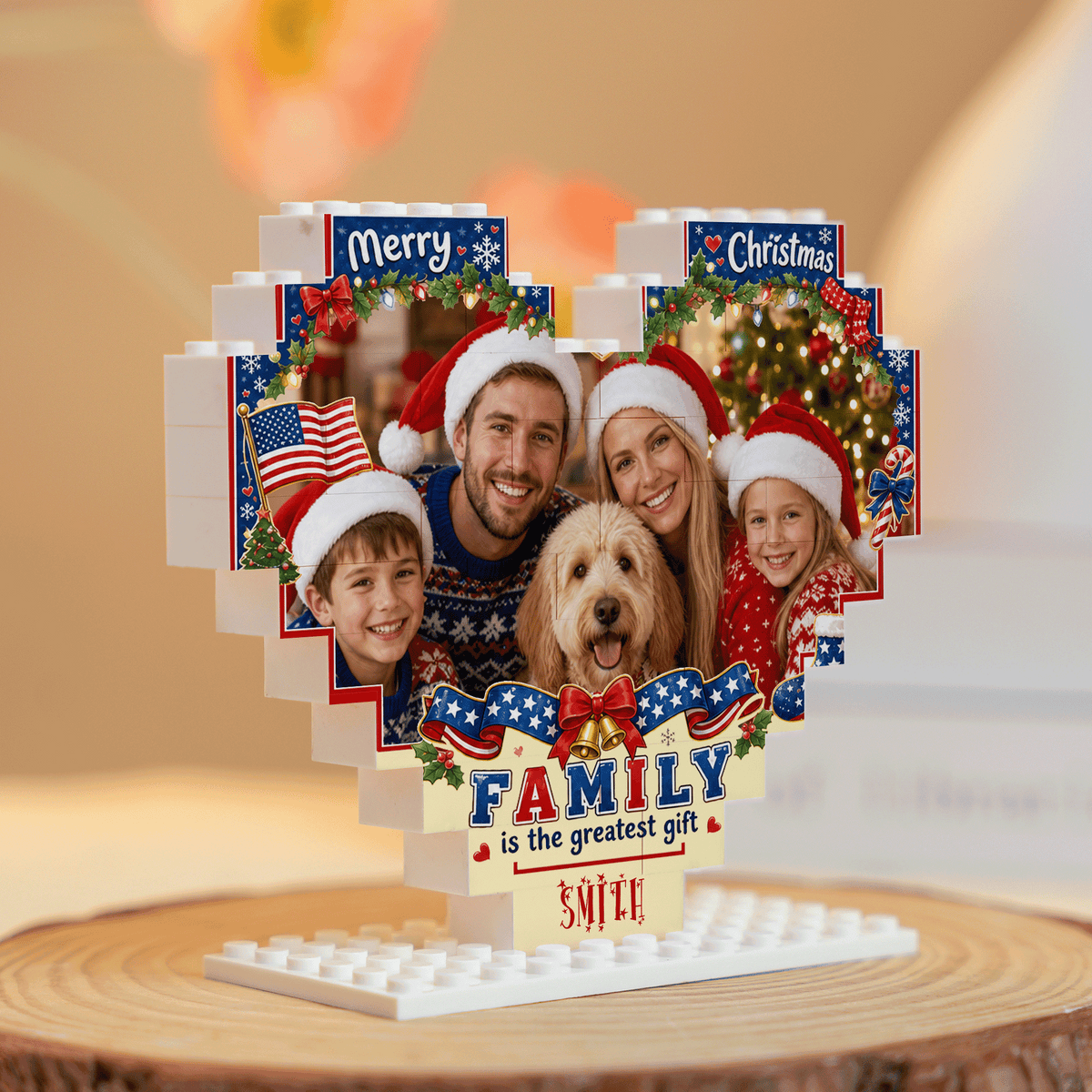 Personalized Photo Heart Building Block in Navy Blue, Red & White, Custom Family Picture Patriotic American Flag Xmas Brick Puzzle Keepsake Decor, Festive Christmas Desk Gift