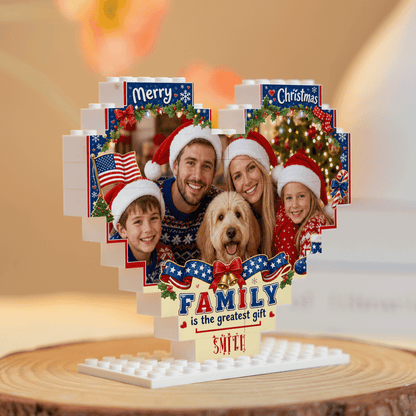 Personalized Photo Heart Building Block in Navy Blue, Red & White, Custom Family Picture Patriotic American Flag Xmas Brick Puzzle Keepsake Decor, Festive Christmas Desk Gift