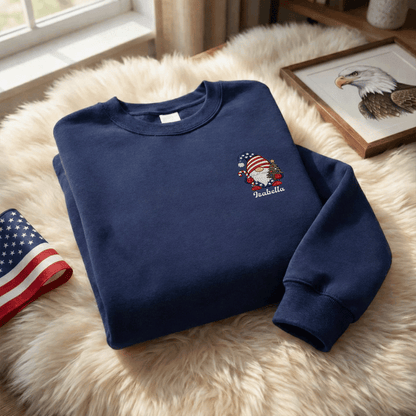 Personalized Patriotic Christmas Gnome Embroidered Sweatshirt | Custom Name Holiday Crewneck Gift
