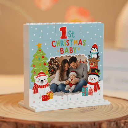 Personalized Photo Christmas Building Block in Light Blue, Custom Baby First Christmas Photo Polar Bear Snowman & Reindeer Brick Puzzle Keepsake Decor, Holiday Gift for New Parents