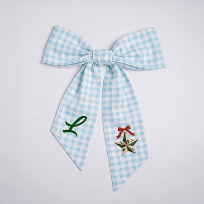 Custom Letter Christmas Star Embroidered Linen Wreath Sash, Personalized Monogram Holiday Bow Sash for Door Decor