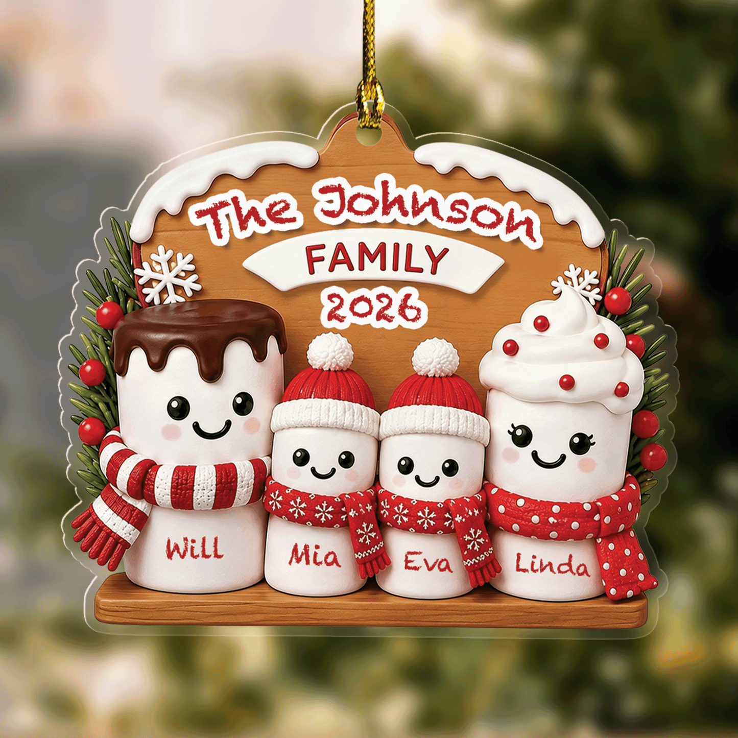 Personalized Marshmallow Family Acrylic Christmas Ornament, Custom Name Holiday Gift