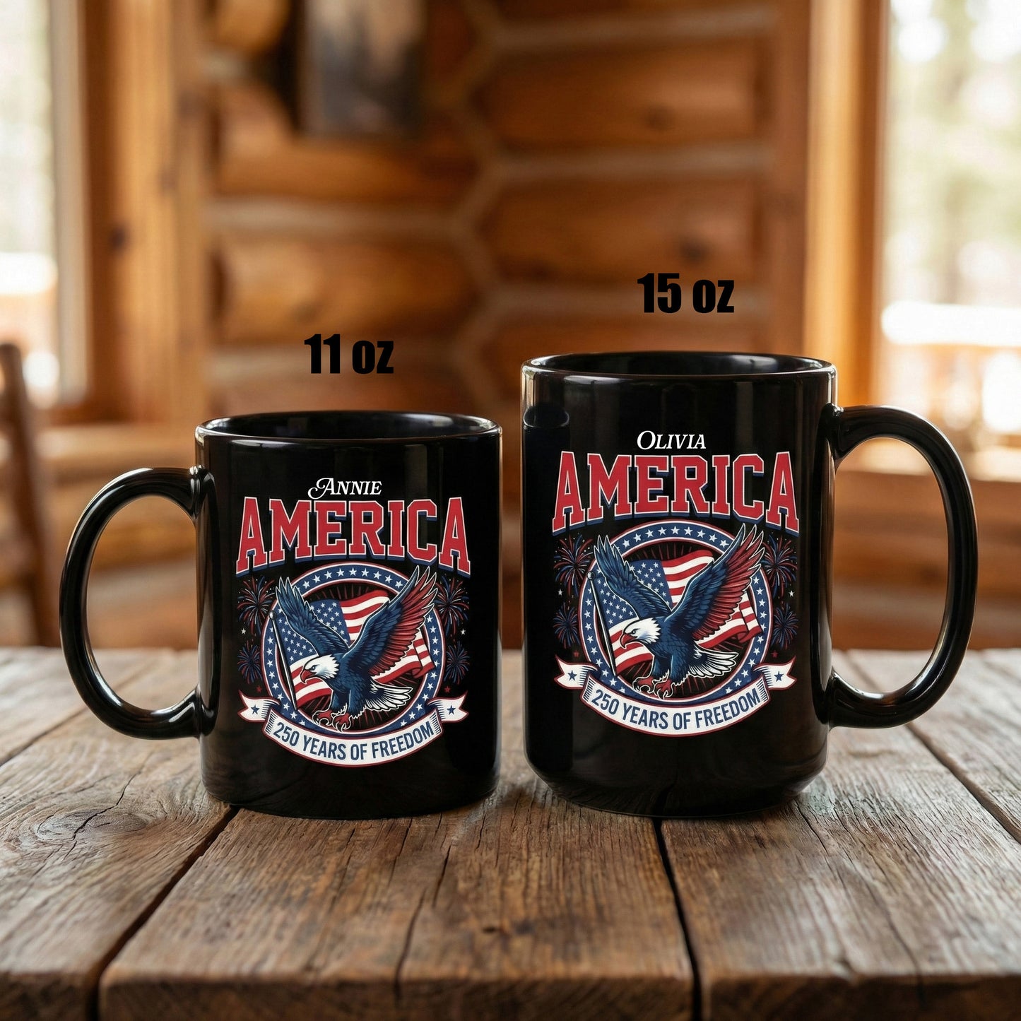 America 250 Years of Freedom Personalized Black Mug – USA 1776–2026 Patriotic Eagle Anniversary Mug