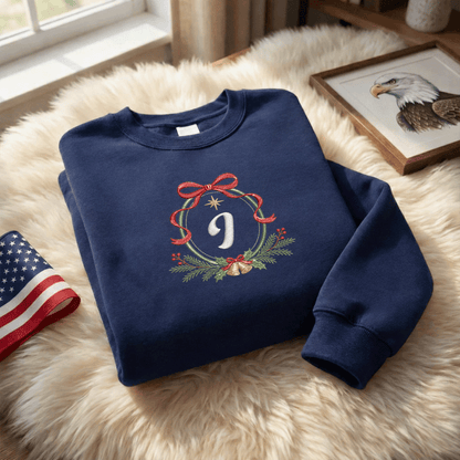 Personalized Embroidered Christmas Monogram Wreath Sweatshirt with Custom Initial