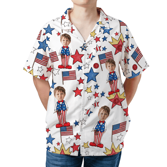 Patriotic star shirt with custom boy faces on Uncle Sam style cartoons and US flags