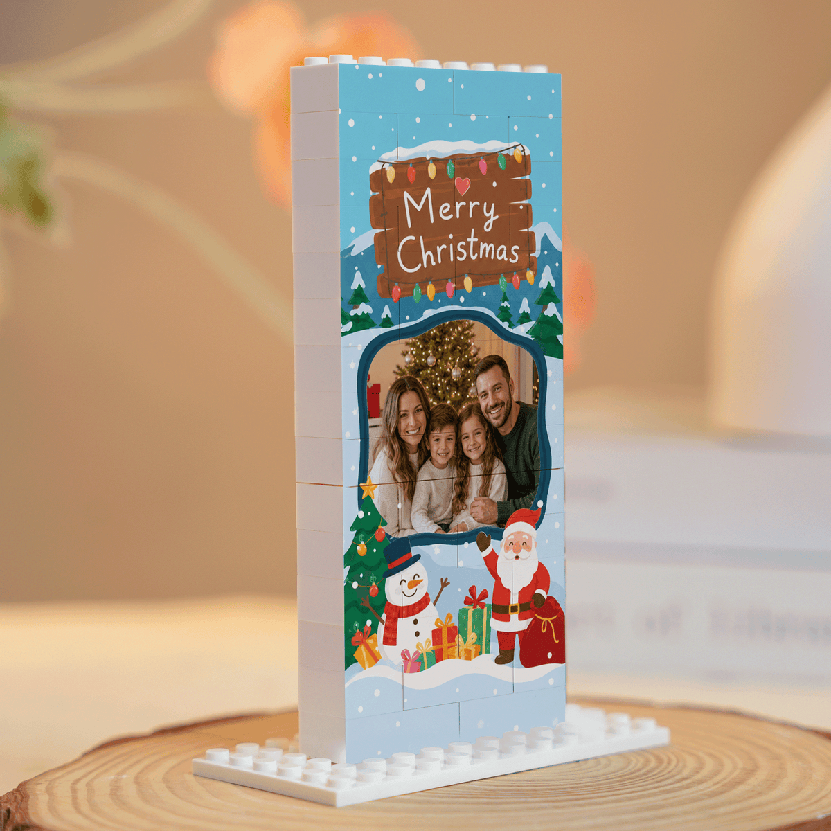 Personalized Photo Christmas Building Block in Light Blue, Custom Family Picture Wooden Signboard Santa & Snowman Brick Puzzle Keepsake Decor, Festive Holiday Desk Gift