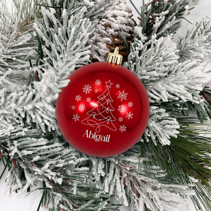 Personalized Name Christmas Tree Red Ball Ornament, Custom Line Art Shatterproof Plastic Holiday Bauble