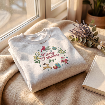 Personalized Embroidered Merry Christmas Holiday Icons Sweatshirt with Custom Name