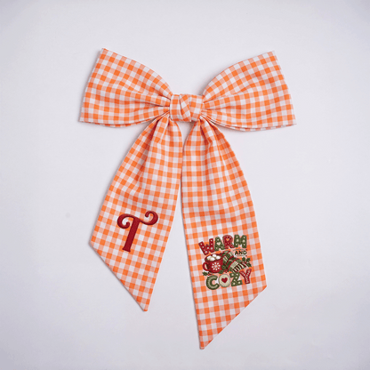 Custom Letter Warm and Cozy Embroidered Linen Wreath Sash, Personalized Monogram Christmas Winter Bow Sash for Front Door Decor
