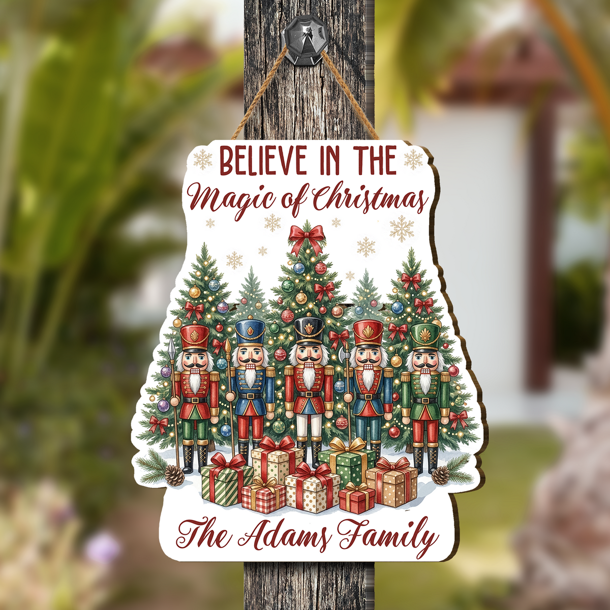 Personalized Nutcrackers Custom Shape Wood Sign, Custom Family Name Believe In The Magic Of Christmas Wooden Hanging Plaque, Festive Holiday Door & Wall Decor Family Gift