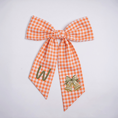 Personalized Monogram Golden Christmas Bells Embroidered Linen Door Wreath Sash, Custom Initial Holiday Wreath Bow Sash Decor, Festive Front Door Home Accessories
