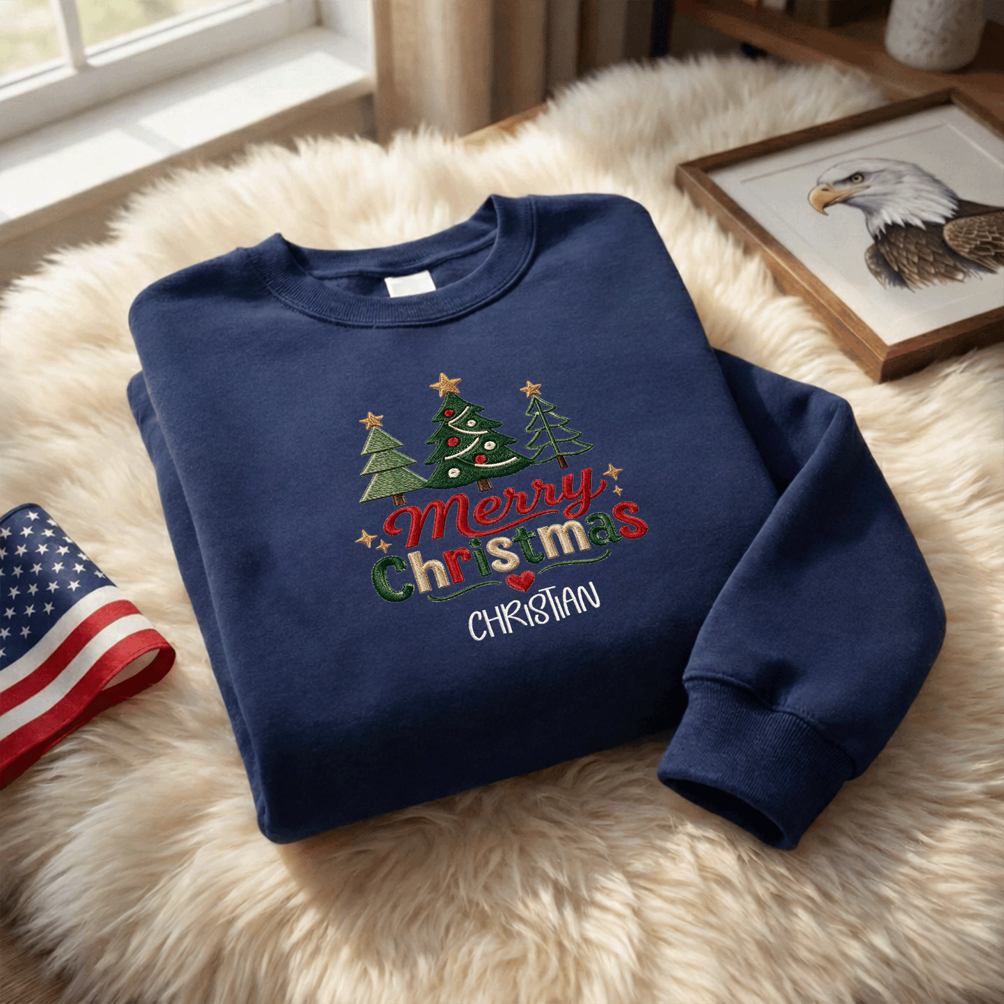 Personalized Embroidered Cute Three Christmas Trees Sweatshirt with Custom Name