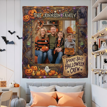 Personalized Halloween Spooky Silly Crew Photo Tapestry, Custom Family Photo Name Wall Hanging Decor, Spooky Pumpkin Black Cat Party Backdrop