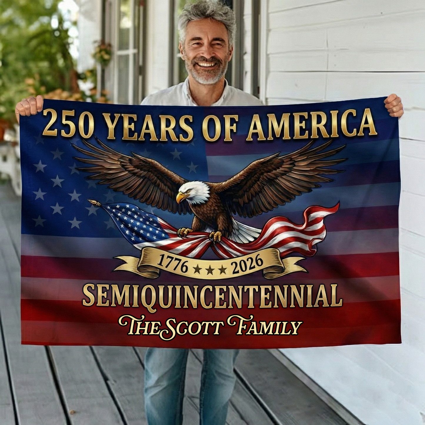 Custom Family Name 250 Years Of American Semiquincentennial Anniversary Banner House Flag