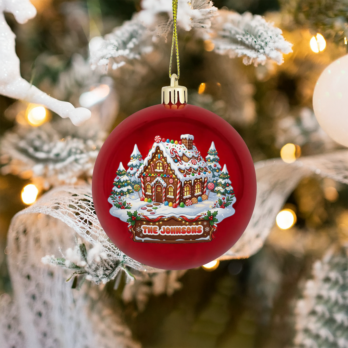 Personalized Family Name Gingerbread House Red Christmas Ball Ornament, Custom Full Color Shatterproof Plastic Bauble