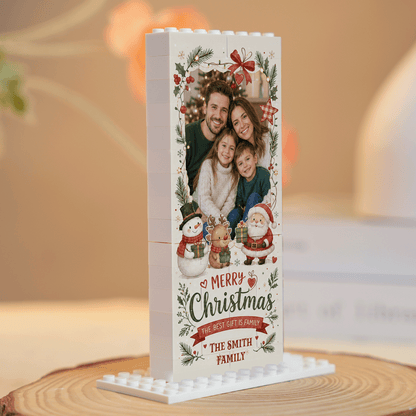 Personalized Photo Christmas Building Block in Cream & Red, Custom Family Picture Vintage Wreath Santa Snowman Brick Puzzle Keepsake Decor, Festive Holiday Desk Gift