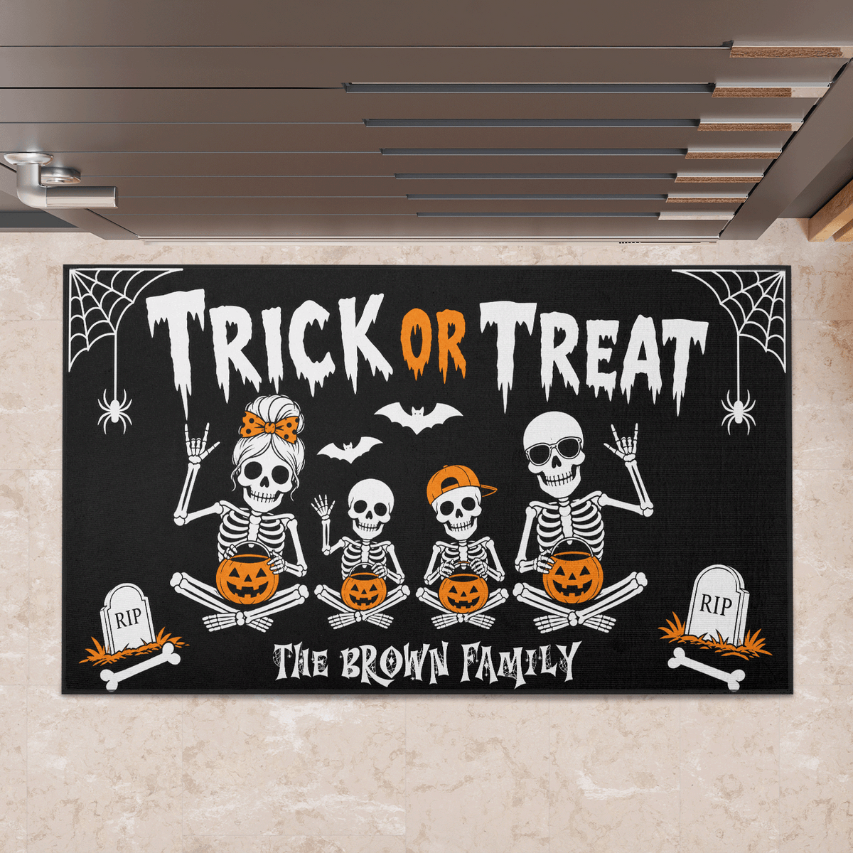 Personalized Halloween Skeleton Family Trick Or Treat Doormat Custom Family Name Entrance Floor Mat