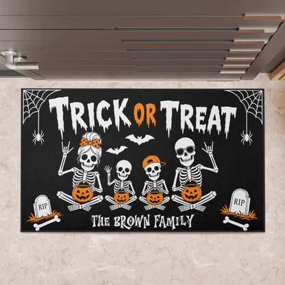 Personalized Halloween Skeleton Family Trick Or Treat Doormat Custom Family Name Entrance Floor Mat