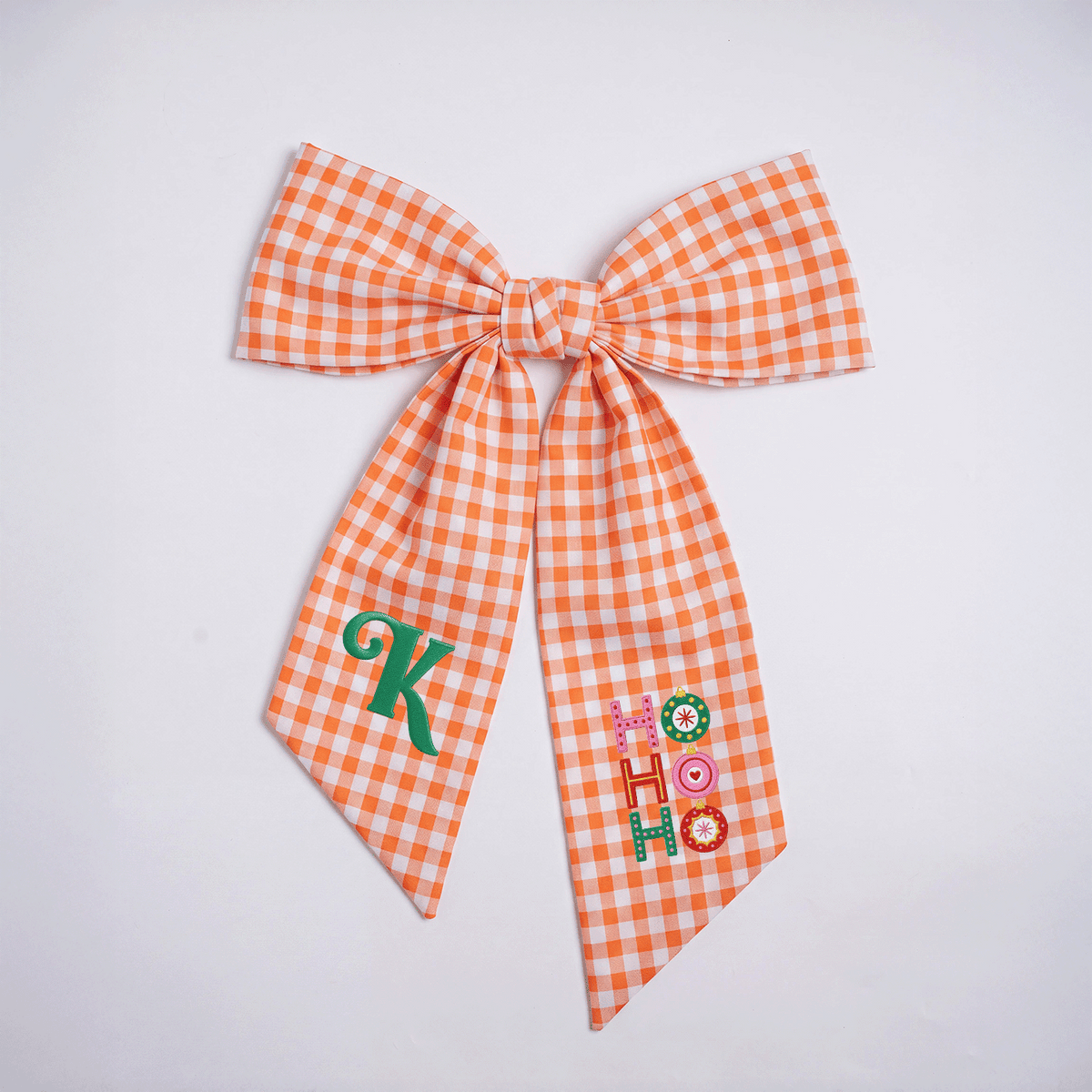 Custom Letter Christmas Ho Ho Ho Embroidered Linen Wreath Sash, Personalized Monogram Festive Ornament Bow Sash for Front Door Decor