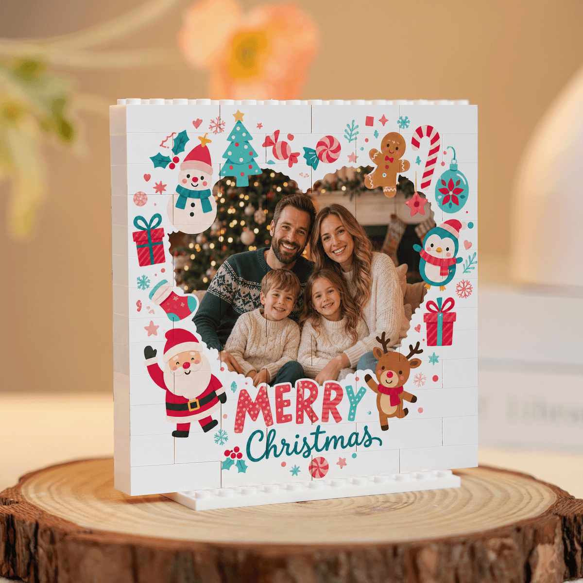 Personalized Photo Christmas Building Block in White, Custom Family Picture Santa Reindeer Penguin & Snowman Wreath Brick Puzzle Keepsake Decor, Festive Holiday Desk Gift