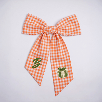 Custom Letter Green Bow Christmas Gift Box Embroidered Linen Wreath Sash, Personalized Monogram Holiday Bow Sash for Door Decor