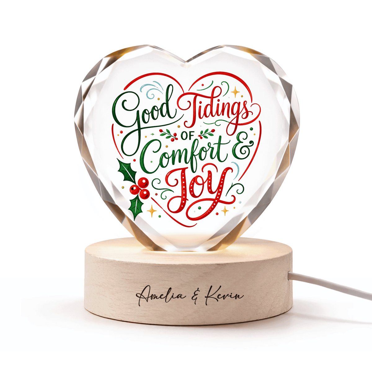 Custom Good Tidings Of Comfort And Joy 3D Laser Engraved Crystal Heart with LED Wooden Standee, Personalized Name Holiday Night Light Keepsake