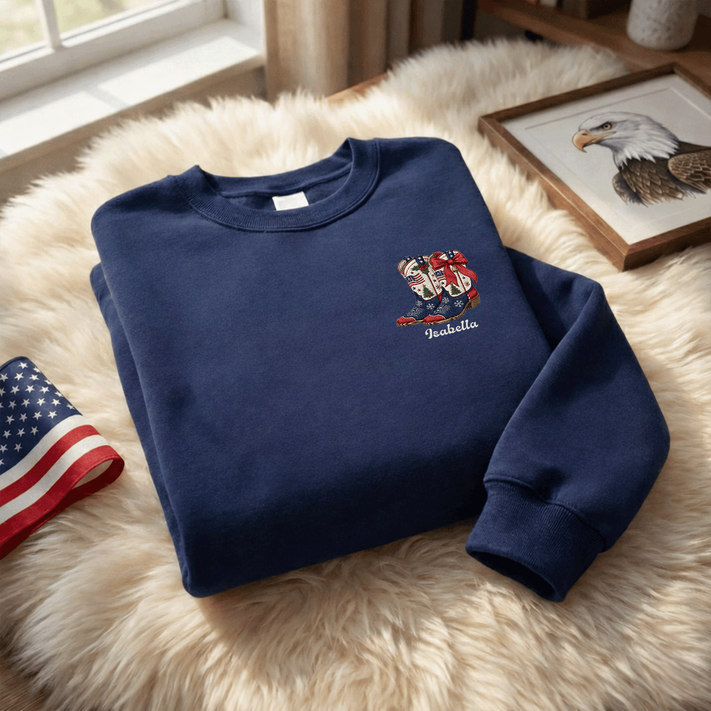 Personalized Patriotic Christmas Cowboy Boots Embroidered Sweatshirt | Custom Name Holiday Crewneck Gift