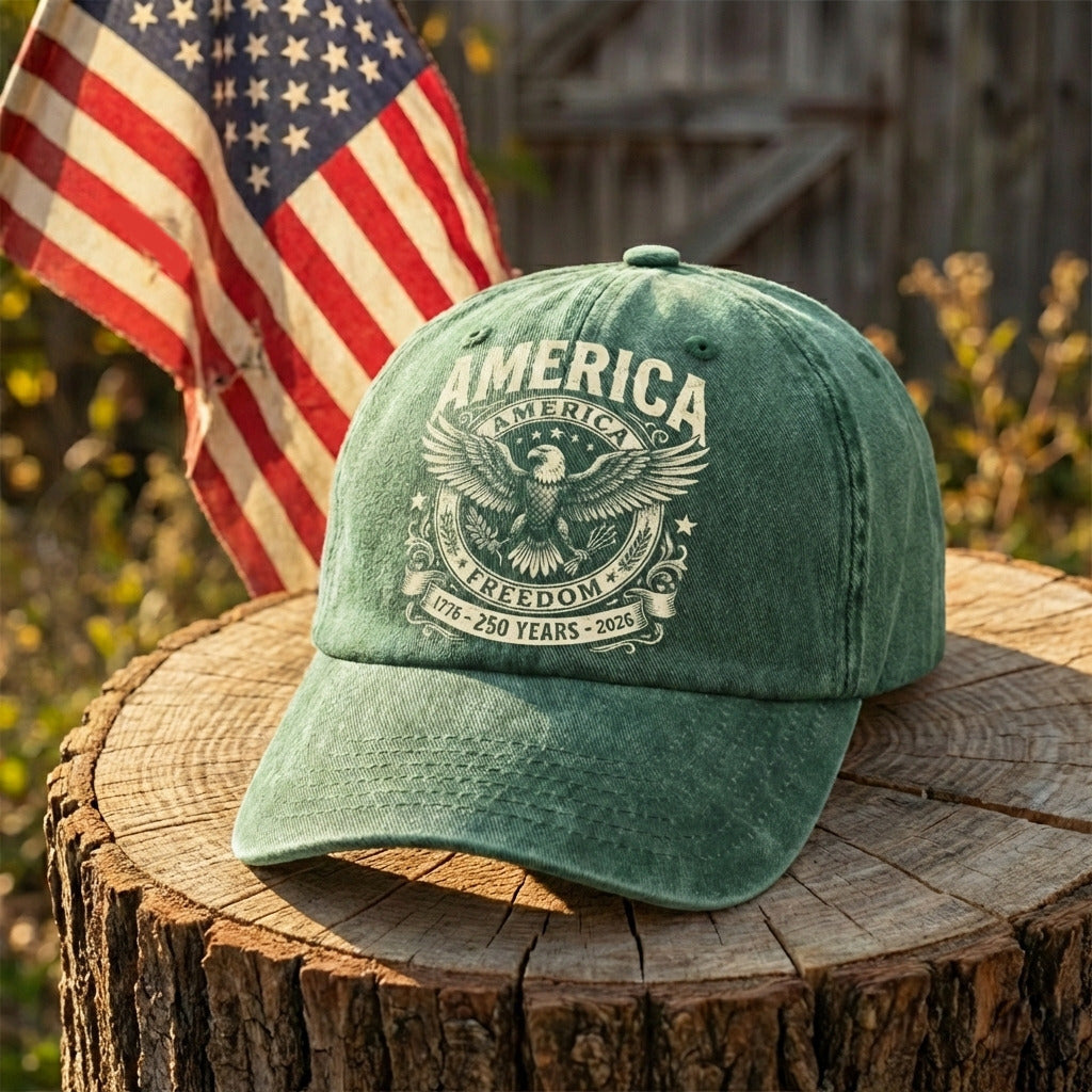 America 250 Years of Freedom 1776–2026 Anniversary Washed Denim Baseball Cap