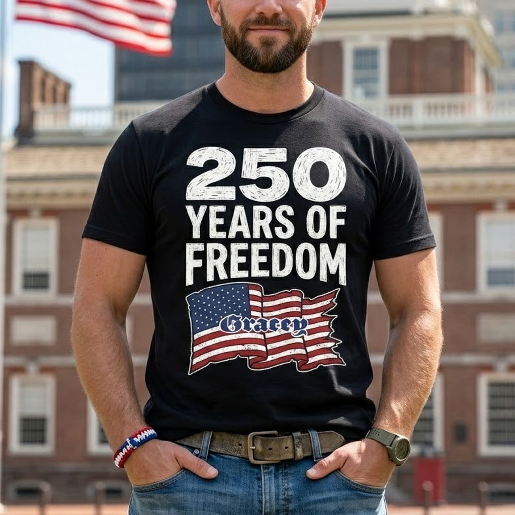 250 Years of Freedom Shirt – Patriotic USA Flag Front Print 4th of July 2026 Personalized Tee
