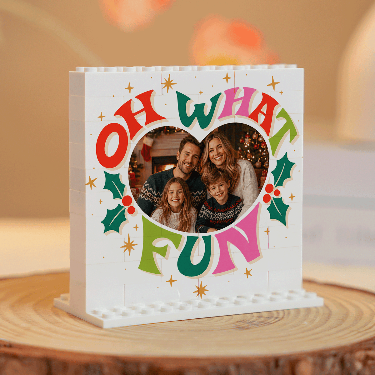 Personalized Photo Christmas Building Block in White, Custom Family Picture Retro "OH WHAT FUN" Typography Brick Puzzle Keepsake Decor, Festive Holiday Desk Gift