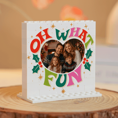 Personalized Photo Christmas Building Block in White, Custom Family Picture Retro "OH WHAT FUN" Typography Brick Puzzle Keepsake Decor, Festive Holiday Desk Gift