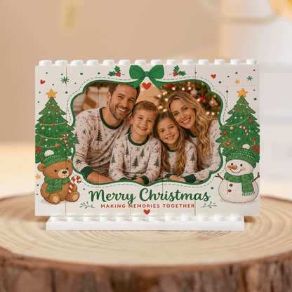 Personalized Photo Horizontal Christmas Building Block in Off-White & Green, Custom Family Picture Twin Xmas Trees & Teddy Bear Brick Puzzle Keepsake Decor, Festive Holiday Desk Gift