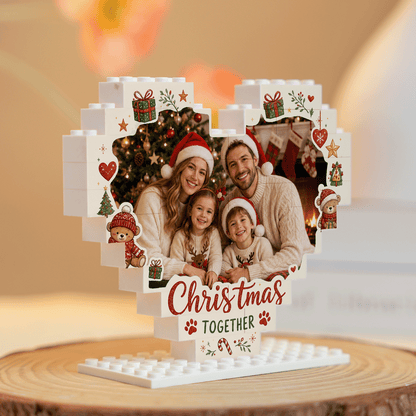 Personalized Photo Heart Christmas Together Building Block in White & Red, Custom Family Pet Picture Xmas Brick Puzzle Keepsake Decor, Cute Holiday Desk Gift