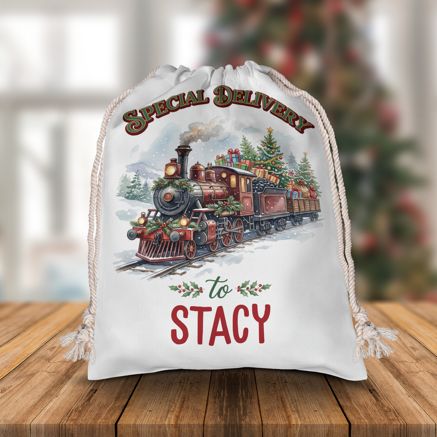 Personalized Special Delivery Train Christmas Sack, Custom Name Santa Gift Bag