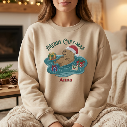Personalized Merry Capy-Mas Embroidered Sweatshirt | Custom Name Christmas Capybara Crewneck Gift