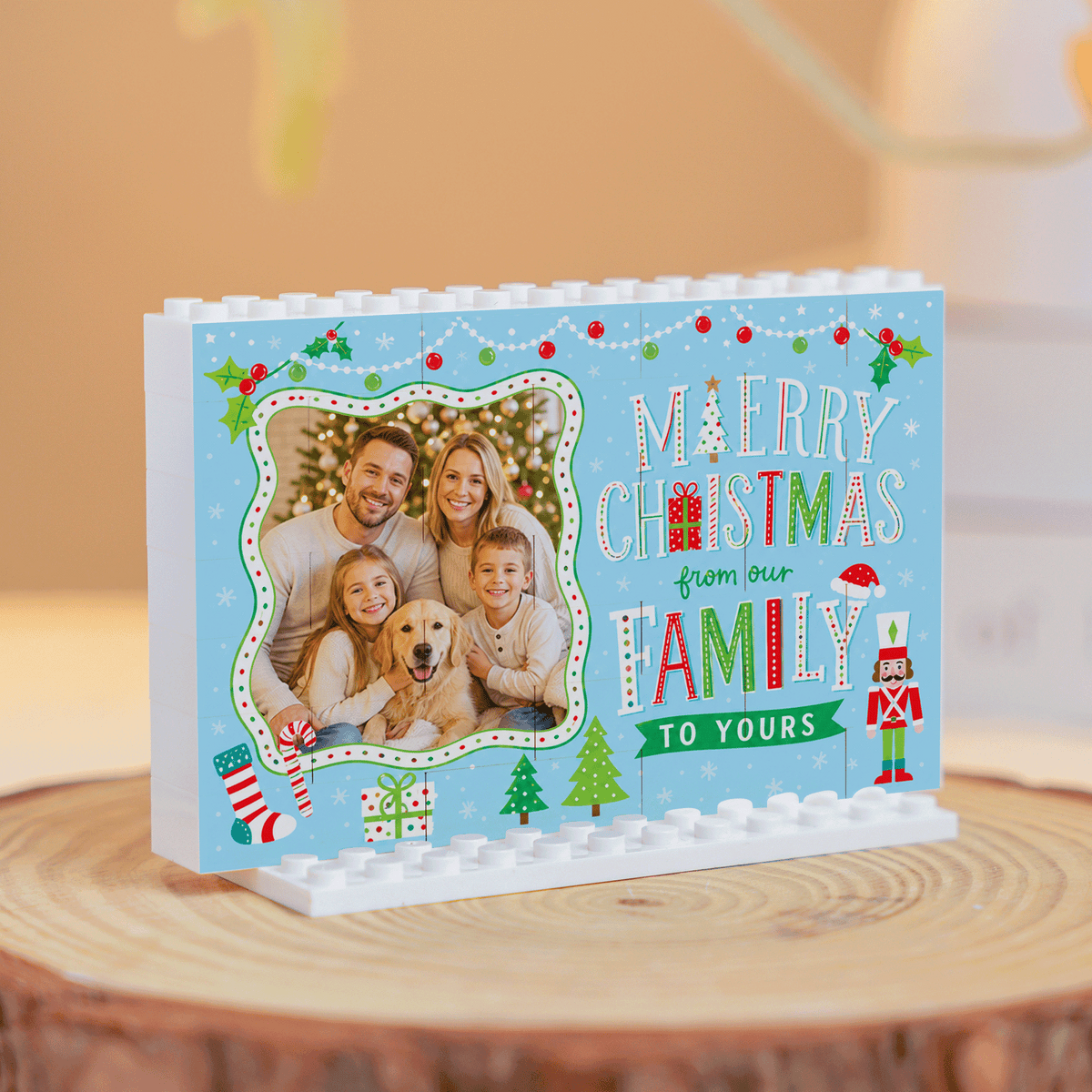 Personalized Photo Christmas Building Block in Sky Blue, Custom Family Picture "Merry Christmas From Our Family To Yours" Brick Puzzle Keepsake Decor, Festive Holiday Desk Gift